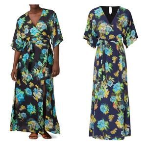 ROAM Sorrentino Wrap Floral Crepe Maxi Dress Medium Wedding Party Shower‎ Blue